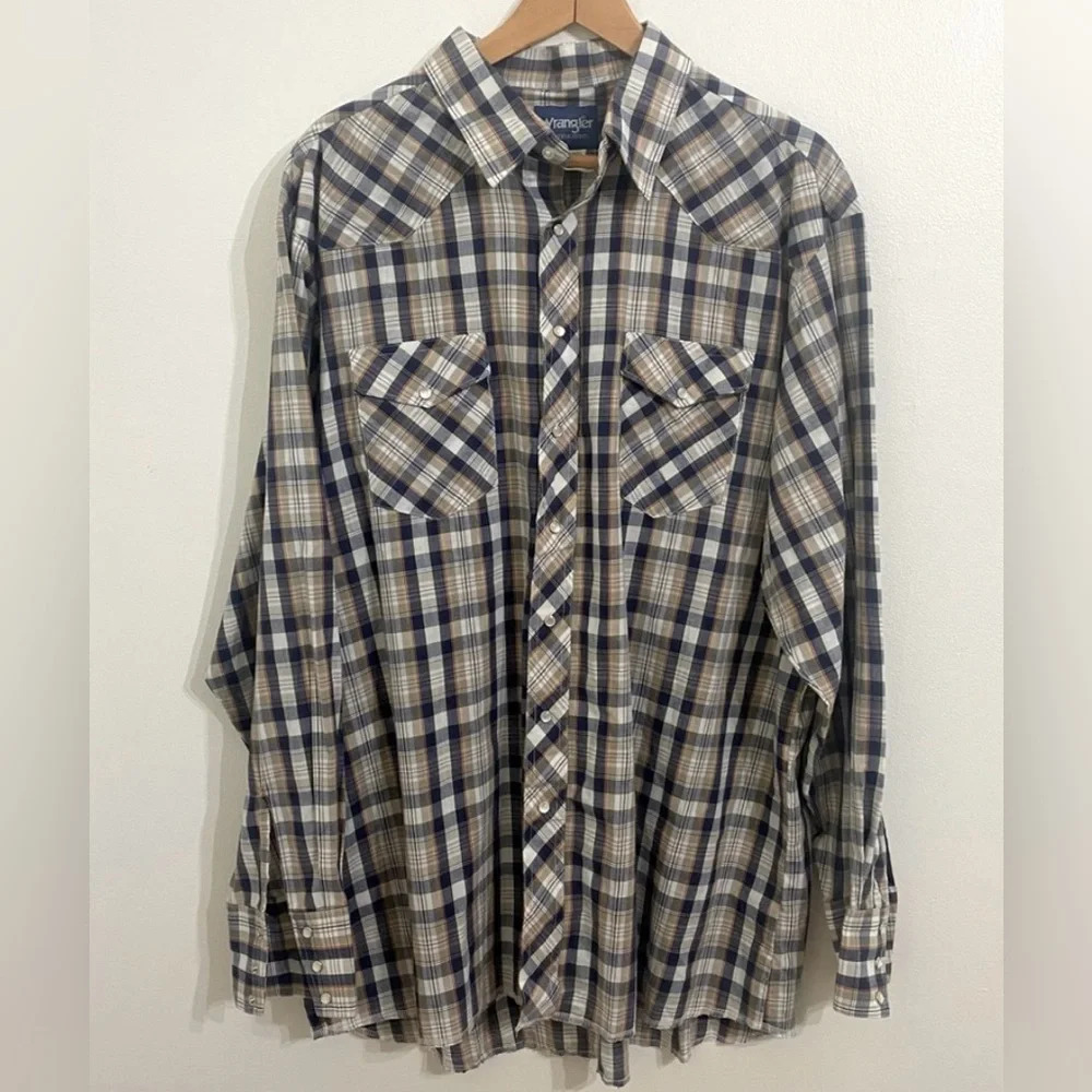 Vintage Wrangler BIG MAN Mens Western Pearl Snap Shirt 2XT Plaid Long Sleeve